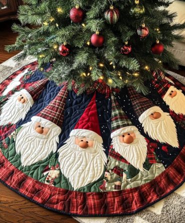 Cozy Gnome Cheer Quilted Christmas Tree Skirt , 60" Round Holiday Tree Collar - Warm Cotton Blend, Quilted Padding