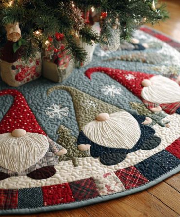 Cozy Gnome Quilted Christmas Tree Skirt - Charming Gnome Motif Holiday Tree Skirt For Warm, Whimsical Decor