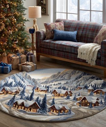 Cozy Hollow Round Winter Rug — Rustic Snowy Hollow Accent Mat, Soft Low-Pile, Non-Slip Backing For Warm Holiday Ambiance