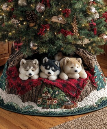 Cozy Husky Nights Quilted Christmas Tree Skirt – 48-Inch Warm Holiday Skirt With Charming Dog Design, Durable & Machine-Washable