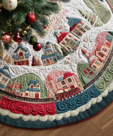 Cozy Lantern Village Quilted Tree Skirt — Festive Christmas Tree Base Cover, Soft Cotton-Feel, Reversible Design, Easy Care