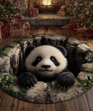 Cozy Panda Pit Plush Round Rug — Soft Cream & Black Accent Rug For Nursery, Playroom, Or Living Area Comfort