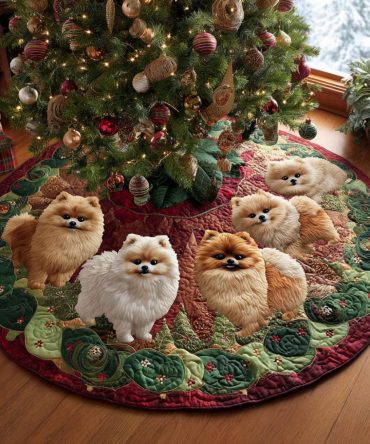 Cozy Pom Christmas Quilted Tree Skirt — Snug Pomeranian Holiday Design, Soft Quilting To Hide Stand And Add Homey Seasonal Charm