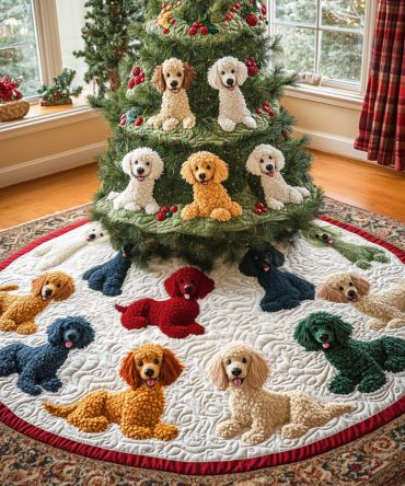 Plush Quilted Poodle Christmas Tree Skirt — Luxury Holiday Tree Skirt For Dog Lovers, Soft Washable Pet-Themed Décor