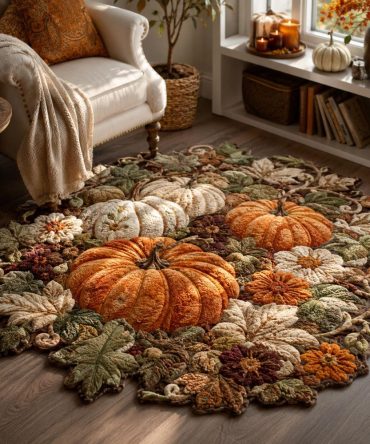 Cozy Pumpkin Garden Shaped Area Rug - Plush Fall Floor Mat With Warm Harvest Colors, Soft Pile And Non-Skid Backing For Home