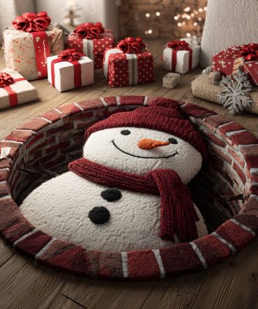 Cozy Snowman Chimney Round Rug — Warm Holiday Snowman Rug For Entryway, Nursery & Stair Landing, Plush Soft Surface