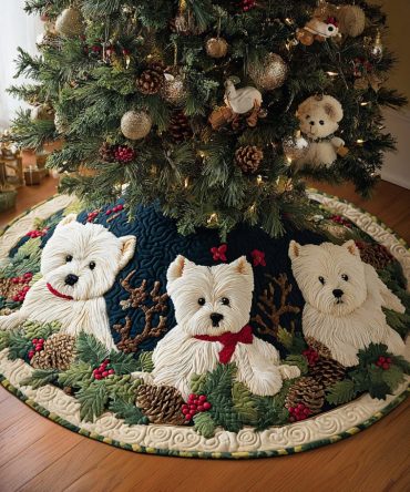Cozy Westie Cabin Quilted Holiday Tree Skirt — Rustic Dog Christmas Decor, Soft Insulated Cotton, Durable Stitching, Machine Washable Gift-Ready