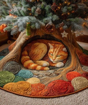Cozy Yarn Hideaway Quilted Cat Tree Skirt - Playful Knit-Themed Holiday Skirt, Soft Cotton, Reversible, Machine Washable, Perfect Gift