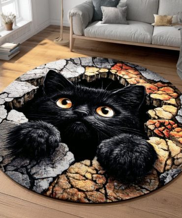 Crack Ground Cat Round Rug — Modern Pet-Friendly Area Rug With Durable Backing, Soft Fibers For Living Room, Bedroom & Kitty Corner