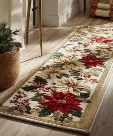 Cream Poinsettia Christmas Runner Rug — Elegant Holiday Hallway Carpet, Soft Stain-Resistant Fibers, Traditional Floral Festive Accent