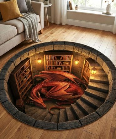 Crimson Dragon Luxury Round Rug - Deep Red Dragon Area Rug With Plush Pile For Bold Living Room, Bedroom And Study Accents