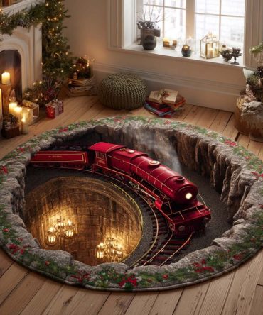 Crimson Express Round Area Rug — Bold Red Statement Round Rug For Festive Holiday Styling, Living Room, Entry, Under Tree Accent