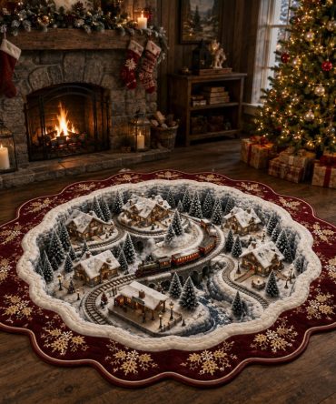Crimson Express Village - Red Holiday Train Custom-Shaped Rug, Vintage Station Illustration, Low-Pile Durable Accent For Entry & Living Room