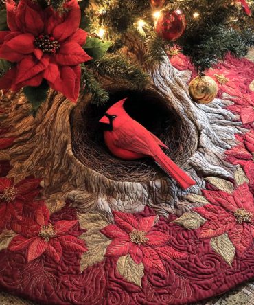 Crimson Glow Quilted Christmas Tree Skirt - Bold Red Holiday Quilt, Festive Cabin & Country Style, Premium Cotton, 48In