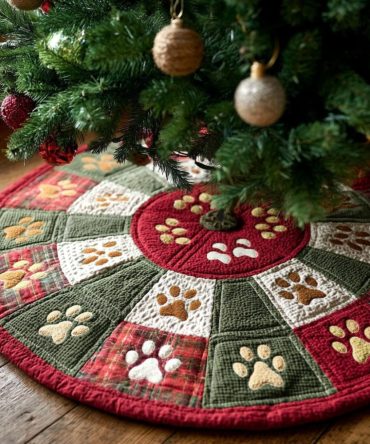 Crimson Paws Quilted Christmas Tree Skirt — Bold Red Pet-Themed Holiday Skirt, Eye-Catching & Cozy Under-Tree Accent