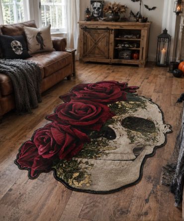 Crimson Skull Statement Rug — Bold Skull Design Custom-Shaped Area Rug For Halloween & Gothic Rooms, Plush Durable Finish