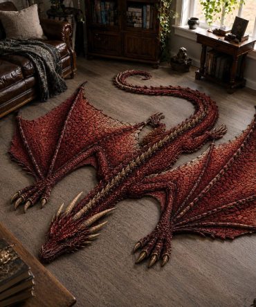 Bold Crimson Wyvern Custom-Shaped Area Rug — Red Dragon Floor Accent, Ultra-Soft Durable Surface With Non-Slip Backing For Living & Game Rooms