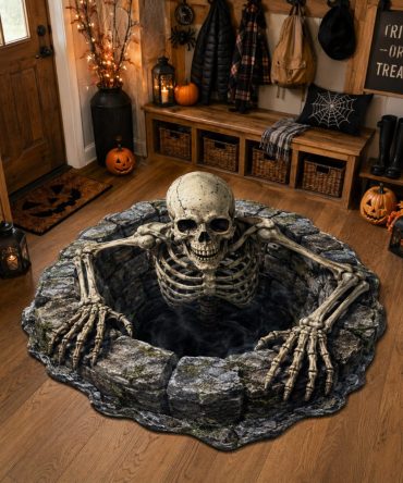 Crypt Escape Spooky Entrance Rug — Custom-Shaped Halloween Welcome Mat With Creepy Crypt Design, Durable & Easy Care