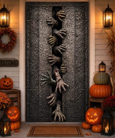 Crypt Grasp Quilted Door Cover - Spine-Chilling Door Decoration, Padded Quilted Finish For Depth, Durable For Seasonal Indoor/Outdoor Use