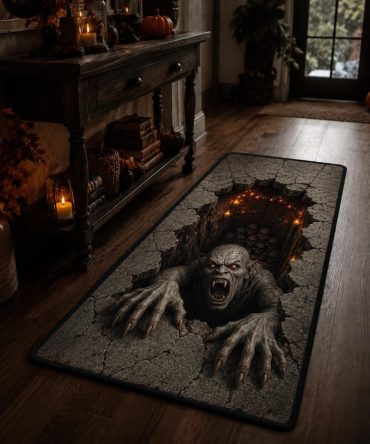 Gothic Crypt Horror Runner Rug — Dramatic Haunted Hallway Runner Carpet For Entryway, Durable Low-Pile Accent Rug
