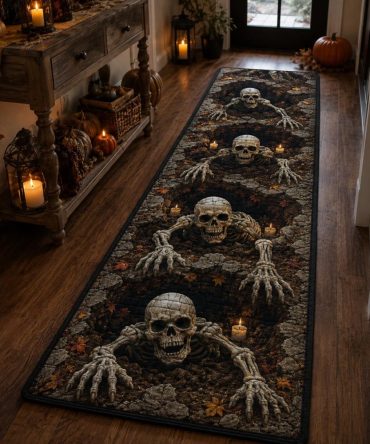 Crypt Horror Runner Rug — Spooky Gothic Hallway Runner Carpet With Distressed Style For Entryway And Stairs