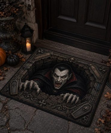 3D Crypt Vampire Doormat – Gothic Halloween Welcome Mat, Trompe L'Oeil Dracula Door Mat For Porch & Entryway