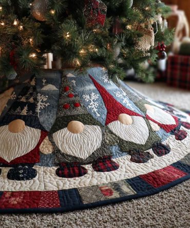 Cute Little Guy Quilted Christmas Tree Skirt - Adorable Character Motif Holiday Tree Skirt For Family-Friendly Decor