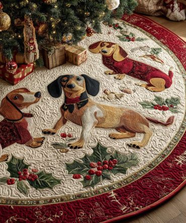 Dachshund Candy Cane Run Quilted Christmas Tree Skirt - Playful Holiday Pup Design, Sweet Festive Colors & Protective Quilting