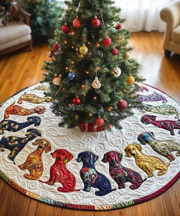 Colorful Dachshund Quilted Christmas Tree Skirt — Bright Holiday Dog Design, Stitched Patchwork & Durable Fabric For Seasonal Cheer