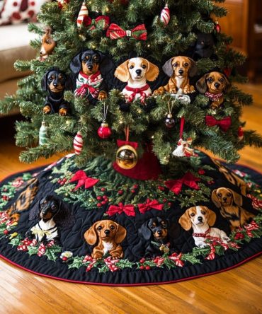 Dachshund Holiday Cheer Quilted Tree Skirt — Designer Wiener Dog Christmas Accent With Padded Quilting & Protective Backing, Great Gift For Dog Lovers