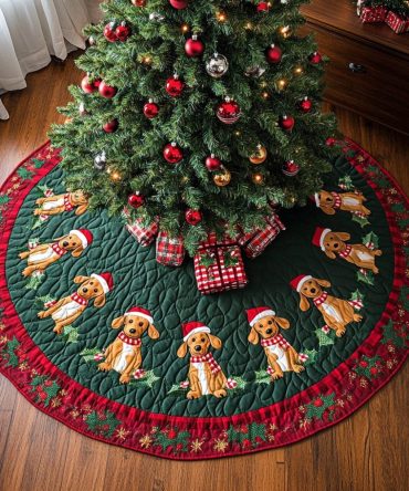 Dachshund Holiday Spirit Quilted Tree Skirt , Playful Sausage Dog Christmas Skirt, 48In Quilted Cotton, Snap Closure, Washable