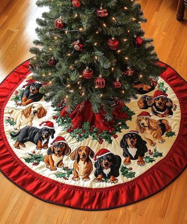 Dachshund Noel Night Quilted Tree Skirt , Nighttime Doxie Holiday Skirt, 48In Quilted Cotton, Snap Closure, Easy Care