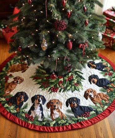 Dachshund Sleigh Bells Quilted Christmas Tree Skirt - Charming Sausage Dog Holiday Decor, Soft Quilting & Stand-Covering Design