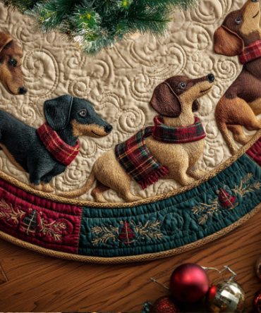 Dachshund Sleigh Tracks Quilted Tree Skirt — Charming Holiday Dog Motif, Durable Quilt Construction, Machine-Washable & Ready For Seasonal Displays