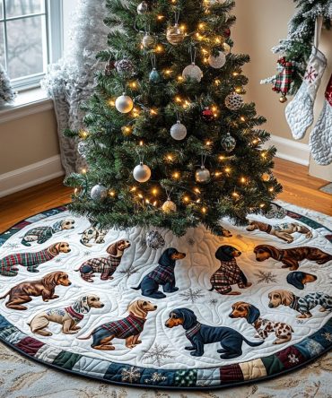 Dachshund By The Fire Quilted Christmas Tree Skirt - Cozy Hearth Holiday Accent With Warm Quilting & Adorable Dog Artwork