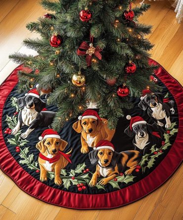 Dachshund Gathering Quilted Tree Skirt – Festive Dog Motif Christmas Skirt, Cozy Patchwork, Easy-Care, Stylish Holiday Base For Presents