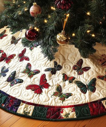 Dancing Butterflies Quilted Holiday Tree Skirt — Colorful Butterfly Christmas Mat, 52-Inch Soft Cotton, Reversible & Easy-Care