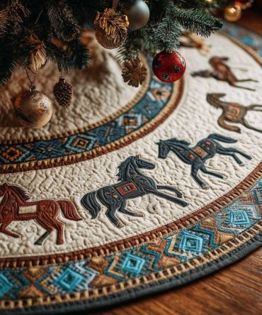 Dancing Stallions Quilted Holiday Tree Skirt — Elegant Horse-Themed Christmas Accent With Textured Quilting For Rustic Charm