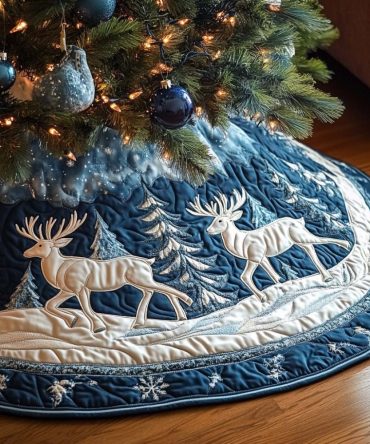 Dashing Deer Quilted Christmas Tree Skirt - Stylish Reindeer Motif Holiday Tree Skirt For Chic Seasonal Presentation