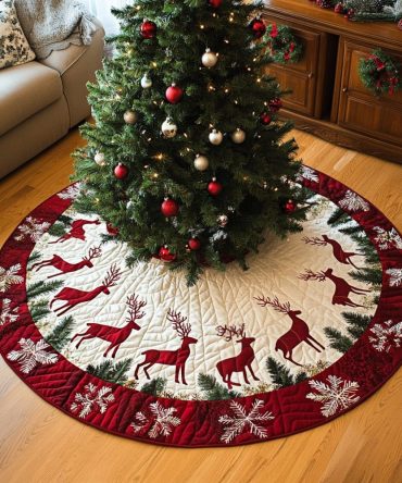 Dashing Through The Snow Quilted Tree Skirt — Classic Snowy Motif Christmas Tree Skirt To Elevate Holiday Mantel And Tree Styling