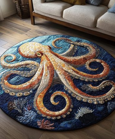 Deep Sea Octopus Plush Round Rug - Bold Ocean-Inspired Area Rug For Bedrooms, Play Areas & Beach House Décor, Soft & Durable