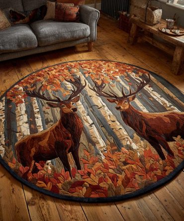 Autumn Glade Deer Round Rug - Warm Fall-Tone Circular Area Rug, Plush Cozy Texture, Fade-Resistant & Non-Slip For Living Spaces