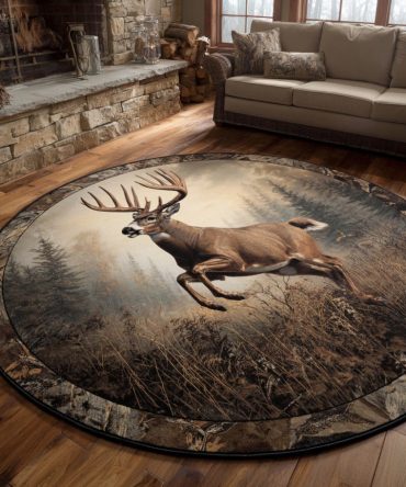 Running Deer Mist Circular Rug - Subtle Misty Woodland Round Area Rug, Lightweight Soft Fiber, Easy-Care Accent For Living & Bedroom