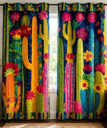 Quilted Desert Cactus Curtains — Boho Fiesta Floral Drapes, Vibrant Southwestern Window Panels For Living Room & Bedroom