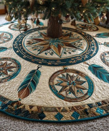 Desert Compass Quilted Christmas Tree Skirt — Southwestern Compass Motif For Bold Rustic Holiday & Lodge-Style Décor