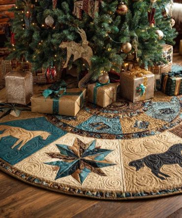 Desert Pine Quilted Tree Skirt For Christmas - Pine & Cactus Motif, Earthy Southwestern Holiday Decor, 48In