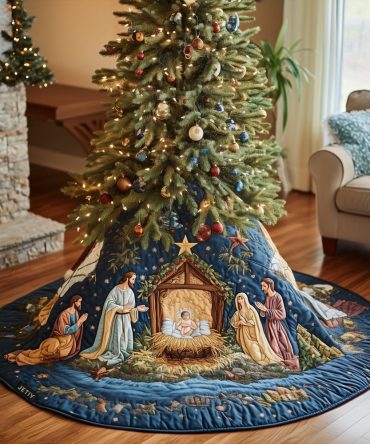 Divine Journey Quilted Christmas Tree Skirt — Inspirational Nativity Holiday Tree Skirt, 48" Round, Cotton Blend, Reversible & Washable