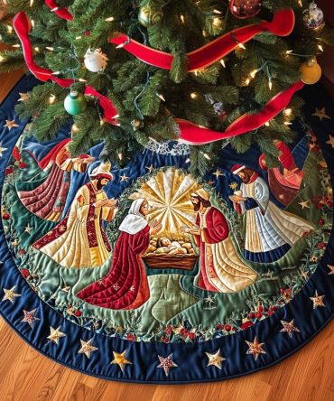 Divine Celebration Quilted Christmas Tree Skirt – Elegant Nativity-Themed Holiday Accent With Premium Quilting