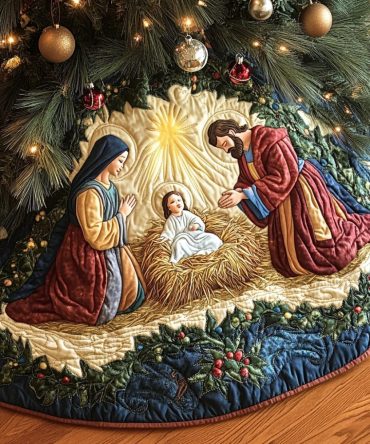 Divine Glow Quilted Christmas Tree Skirt - Luminous Gold Embroidery, Holiday Nativity Accent, 48" Diameter, Premium Finish