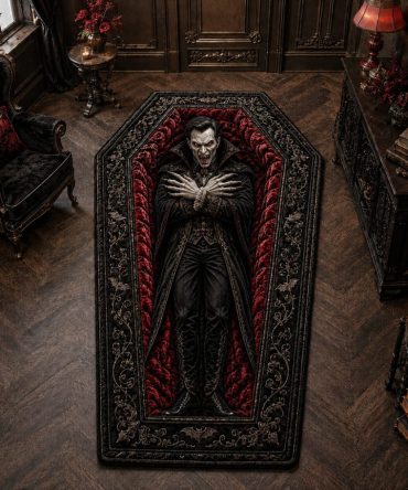 Dracula Coffin Lair Area Rug — Elegant Custom-Shaped Vampire Coffin Mat For Gothic Décor, Halloween & Themed Rooms
